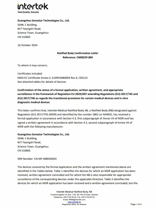 The CE certification for SonoStar's MDR new regulations is nearing completion and can be obtain