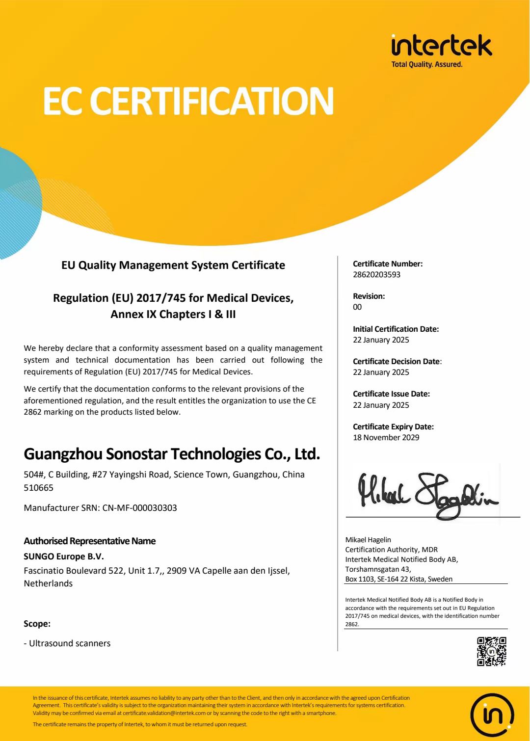 Congratulations to SonoStar for obtaining the CE certificate under the EU MDR regulations, and welco