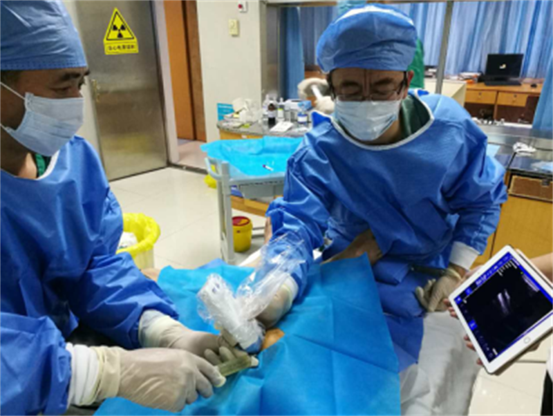 Emergency physician using a SonoStar wireless palm ultrasound probe at the bedside